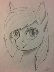 Size: 2448x3264 | Tagged: safe, artist:legatusflagrans, oc, oc:tenebra, bat pony, pony, bat pony oc, bust, fangs, female, grayscale, mare, monochrome, portrait, simple background, sketch, smiling, solo, traditional art, white background