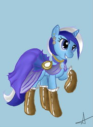 Size: 679x927 | Tagged: safe, artist:arnachy, minuette, pony, unicorn, clothes, dress, ear piercing, female, gala dress, mare, piercing, raised hoof, simple background, smiling, solo