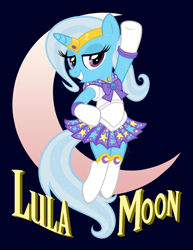 Size: 5100x6600 | Tagged: safe, artist:dentist73548, artist:tygerbug, trixie, pony, unicorn, absurd resolution, bipedal, blue background, clothes, costume, crossover, female, mare, moon, photoshop, sailor moon, sailor scout, simple background, skirt, solo