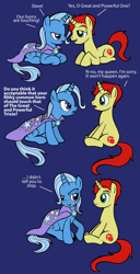 Size: 2944x5736 | Tagged: safe, artist:tygerbug, trixie, oc, oc:sethisto, pony, unicorn, blue background, canon x oc, cape, clothes, comic, cute, female, great and powerful, horns are touching, male, mare, photoshop, ponysona, sethisto, sethxie, shipping, simple background, stallion, straight, third person, trixie's cape, tsundere, tsunderixie