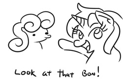 Size: 602x395 | Tagged: safe, artist:jargon scott, bon bon, lyra heartstrings, sweetie drops, earth pony, pony, unicorn, black and white, bon bon is not amused, bust, dialogue, duo, female, grayscale, looking at you, mare, monochrome, open mouth, pointing, simple background, unamused, white background