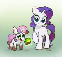 Size: 2615x2409 | Tagged: safe, artist:dawnfire, rarity, sweetie belle, frog, pony, unicorn, blushing, cute, diasweetes, dirty, eyeshadow, female, filly, magic, makeup, mare, mud, open mouth, raised hoof, siblings, signature, sisters, smiling, sweetie belle's magic brings a great big smile, telekinesis