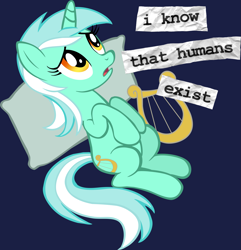 Size: 4309x4476 | Tagged: safe, artist:tygerbug, lyra heartstrings, human, pony, unicorn, fanfic:anthropology, absurd resolution, artifact, blue background, cutie mark, female, hooves, horn, humie, mare, on back, open mouth, photoshop, pillow, sad, simple background, solo