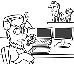 Size: 1280x1113 | Tagged: safe, artist:mkogwheel, applejack, oc, earth pony, kirin, pony, computer, desk, desk portrait, drawing tablet, figurine, laptop computer, ponysona, self portrait