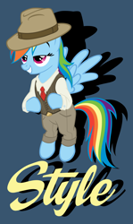 Size: 2700x4534 | Tagged: safe, artist:moongazeponies, artist:tygerbug, rainbow dash, pegasus, pony, caption, clothes, costume, female, hat, mare, necktie, photoshop, poster, rainbow dash always dresses in style, solo, stylin', vector, vest