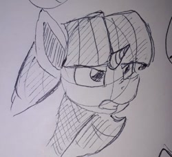 Size: 648x588 | Tagged: safe, artist:post-it, twilight sparkle, twilight sparkle (alicorn), alicorn, pony, angry, bust, female, gritted teeth, ink drawing, mare, monochrome, simple background, sketch, solo, traditional art, white background