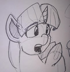 Size: 717x737 | Tagged: safe, artist:post-it, twilight sparkle, twilight sparkle (alicorn), alicorn, pony, bust, female, ink drawing, mare, monochrome, open mouth, simple background, sketch, solo, traditional art, white background