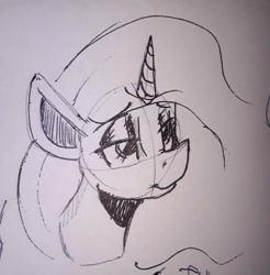 Size: 773x785 | Tagged: safe, artist:post-it, princess celestia, alicorn, pony, bust, female, ink drawing, lidded eyes, mare, monochrome, simple background, sketch, smiling, solo, traditional art, white background