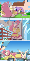 Size: 1000x2000 | Tagged: safe, artist:goat train, fluttershy, human, barefoot, big breasts, breasts, building, city, clothes, commission, destruction, feet, female, giantess, growth, hootershy, house, huge breasts, human male, humanized, macro, male