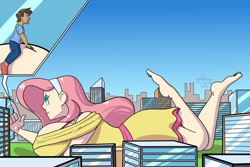 Size: 1000x667 | Tagged: safe, artist:goat train, fluttershy, human, barefoot, big breasts, breasts, city, clothes, feet, female, giantess, hootershy, huge breasts, human male, humanized, macro, male
