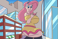 Size: 1000x667 | Tagged: safe, artist:goat train, fluttershy, human, big breasts, breasts, city, female, giantess, hootershy, huge breasts, human male, humanized, macro, male
