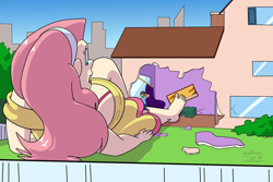 Size: 1000x667 | Tagged: safe, artist:goat train, fluttershy, human, big breasts, breasts, clothes, destruction, female, giantess, hootershy, house, human male, humanized, macro, male