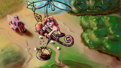 Size: 1920x1080 | Tagged: safe, artist:esuka, pinkie pie, earth pony, pony, barn, bird's eye view, cake, female, flying, flying contraption, goggles, mare, pedalcopter, photoshop, solo, sweet apple acres, vertigo, wallpaper