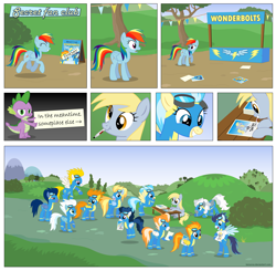 Size: 4500x4406 | Tagged: safe, artist:larsurus, blaze, derpy hooves, fire streak, fleetfoot, high winds, lightning streak, misty fly, rainbow dash, silver lining, silver zoom, soarin', spike, spitfire, surprise, wave chill, dragon, pegasus, pony, g1, absurd resolution, autograph, comic, female, hair lock, male, mare, mouth drawing, mouth hold, pen, photoshop, stallion, wonderbolts