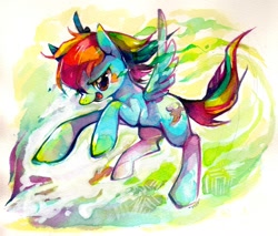 Size: 1477x1259 | Tagged: safe, artist:mi-eau, rainbow dash, pegasus, pony, abstract background, action pose, color porn, eyestrain warning, female, flying, mare, photoshop, solo, traditional art, watercolor painting