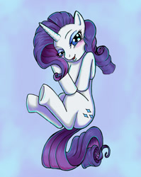 Size: 900x1129 | Tagged: safe, artist:kcday, rarity, pony, unicorn, blushing, female, looking at you, mare, on back, solo