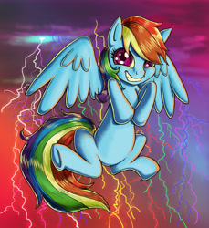 Size: 2306x2517 | Tagged: safe, artist:kcday, rainbow dash, pegasus, pony, female, flying, grin, high res, lightning, mare, photoshop, solo