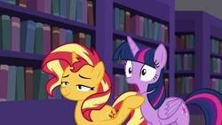 Size: 1920x1080 | Tagged: safe, screencap, sunset shimmer, twilight sparkle, twilight sparkle (alicorn), better together, equestria girls, forgotten friendship, book, bookshelf, canterlot library, jaw drop, library, shocked, smiling, smugset shimmer, that pony sure does love books, wings
