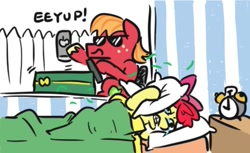 Size: 815x498 | Tagged: safe, artist:jargon scott, apple bloom, big macintosh, earth pony, pony, 30 year old boomer, alarm clock, bed, bedroom, blanket, boomer, cellphone, clock, crying, dialogue, eeyup, female, filly, lawn mower, male, meme, phone, pillow, ponified meme, smartphone, stallion, sunglasses, teary eyes