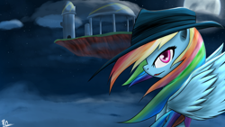 Size: 1920x1080 | Tagged: dead source, safe, artist:reikomuffin, rainbow dash, pegasus, pony, cloud, cloudy, female, floating island, hat, mare, moon, night, profile, sky, solo, stars, wallpaper