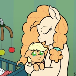 Size: 1200x1200 | Tagged: safe, alternate version, artist:mkogwheel, applejack, pear butter, earth pony, pony, baby, baby pony, babyjack, crib, crib mobile, crying, cute, dawwww, female, foal, jackabetes, lullaby, mother and child, mother and daughter, parent and child, teary eyes