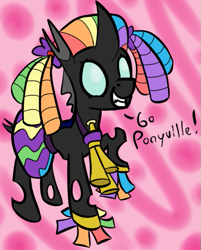 Size: 439x546 | Tagged: safe, artist:heretichesh, changeling, rainbow falls, cheerleader, grin, pom pom, raised hoof, smiling, solo