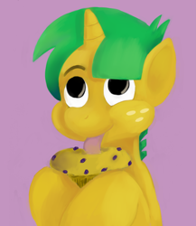 Size: 3841x4435 | Tagged: safe, artist:sb, snails, pony, unicorn, colt, cute, diasnails, licking, male, muffin, simple background, solo