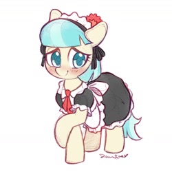 Size: 1638x1638 | Tagged: safe, artist:dawnfire, coco pommel, earth pony, pony, blushing, clothes, cocobetes, colored pupils, cute, daaaaaaaaaaaw, female, french maid, maid, maid outfit, mare, raised hoof, signature, simple background, smiling, solo, white background