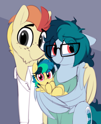 Size: 1079x1325 | Tagged: safe, artist:shinodage, oc, oc only, oc:apogee, oc:delta vee, oc:jet stream, pegasus, pony, :o, :t, all downhill from here, baby, baby pony, clothes, cute, diageetes, diaveetes, eye clipping through hair, family, father and child, father and daughter, female, floppy ears, foal, freckles, glasses, gray background, hug, looking at you, male, mare, mother and child, mother and daughter, ocbetes, open mouth, parent and child, shinodage is trying to murder us, shirt, simple background, sitting, smiling, stallion, wholesome, wing hands, winghug, younger