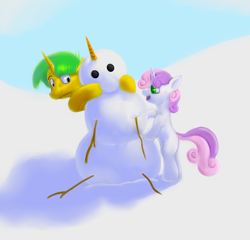 Size: 1500x1442 | Tagged: safe, artist:sb, snails, sweetie belle, pony, unicorn, bipedal, bipedal leaning, colt, female, filly, leaning, male, snow, snowman