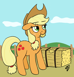 Size: 815x845 | Tagged: safe, artist:heretichesh, applejack, earth pony, pony, applejack's hat, cowboy hat, eating, eating hay, female, fence, hat, hay, hay bale, herbivore, horses doing horse things, mare, solo
