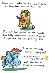 Size: 638x944 | Tagged: safe, artist:jargon scott, applejack, rainbow dash, earth pony, pegasus, pony, clever girl, comic, dialogue, flying, freckles, gun, shotgun, weapon