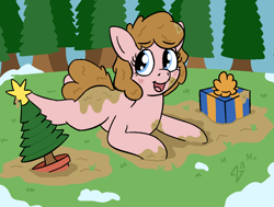 Size: 1164x879 | Tagged: safe, artist:heretichesh, oc, oc only, oc:mud puddle, earth pony, pony, bonsai, hearth's warming, hearth's warming tree, mud, muddy, muddy hooves, present, snow, tree