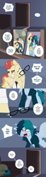 Size: 1280x4932 | Tagged: safe, artist:shinodage, oc, oc only, oc:apogee, oc:delta vee, oc:jet stream, pony, ..., angry, argument, baby, baby pony, clothes, comic, crying, cute, delta vee's junkyard, dialogue, door, eyes closed, family photo, female, floppy ears, glasses, male, mare, necktie, open mouth, sleeping, smiling, sofa, speech bubble, stallion, this will end in divorce, vulgar, younger, zzz