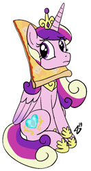 Size: 615x1153 | Tagged: safe, artist:heretichesh, princess cadance, alicorn, pony, /mlp/, crown, cute, cutedance, cutie mark, eye clipping through hair, female, food, hoof shoes, jewelry, mare, peetzer, pizza, regalia, signature, simple background, sitting, that pony sure does love pizza, white background