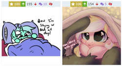 Size: 914x498 | Tagged: safe, artist:alphadesu, artist:jargon scott, lyra heartstrings, oc, oc:bay breeze, oc:mahx, bahx, bed, bedsheets, big eyes, blanket, cute, derpibooru, implied bon bon, implied shipping, juxtaposition, juxtaposition win, meme, meta, ocbetes, pillow