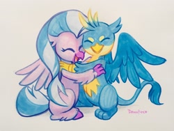 Size: 2048x1536 | Tagged: safe, artist:dawnfire, gallus, silverstream, classical hippogriff, griffon, hippogriff, :>, :i, claws, cute, diastreamies, eyes closed, female, gallabetes, gallstream, happy, heart, hug, leg fluff, male, open mouth, shipping, simple background, smiling, spread wings, straight, traditional art, unshorn fetlocks, white background, wings