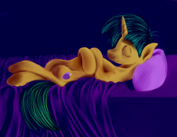 Size: 1500x1165 | Tagged: safe, artist:sb, snails, pony, unicorn, bed, colt, male, sleeping, solo