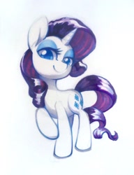 Size: 640x834 | Tagged: safe, artist:dawnfire, rarity, pony, unicorn, female, looking at you, mare, marker drawing, raised hoof, simple background, smiling, solo, traditional art, white background