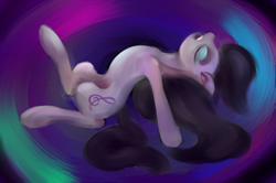 Size: 1000x664 | Tagged: safe, artist:sb, octavia melody, earth pony, pony, abstract background, arched back, eyes closed, female, mare, on back, solo