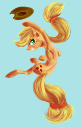 Size: 643x1000 | Tagged: safe, artist:sb, applejack, earth pony, pony, action pose, female, jumping, mare, simple background, solo