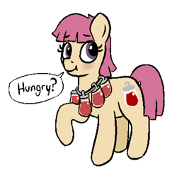 Size: 576x572 | Tagged: safe, artist:heretichesh, oc, oc only, oc:blood bank, earth pony, pony, blood bag, cutie mark, dialogue, simple background, solo, white background