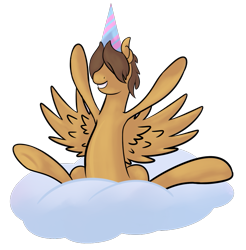 Size: 827x839 | Tagged: safe, artist:sb, hoops, pegasus, pony, cloud, grin, hat, hooves, male, on a cloud, party hat, simple background, sitting on cloud, smiling, solo, spread wings, stallion, transparent background, wings