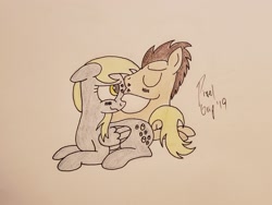 Size: 2042x1532 | Tagged: safe, artist:pixelgrip94, derpy hooves, doctor whooves, pony, doctorderpy, female, hearts and hooves day, kissing, male, shipping, straight, traditional art