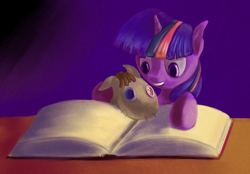 Size: 1000x694 | Tagged: safe, artist:sb, smarty pants, twilight sparkle, pony, unicorn, book, cute, female, filly, foal, smiling