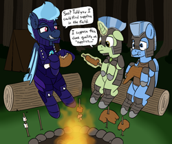 Size: 1260x1056 | Tagged: safe, artist:heretichesh, oc, oc only, oc:midnight harmony, bat pony, pegasus, pony, unicorn, armor, campfire, dialogue, food, forest, log, magic, meat, ponies eating meat, tent, text