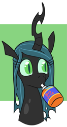 Size: 465x878 | Tagged: safe, artist:jargon scott, queen chrysalis, changeling, changeling queen, bug juice, bust, drinking, female, juice, juice box, simple background, solo