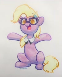 Size: 1648x2048 | Tagged: safe, artist:dawnfire, grace manewitz, earth pony, pony, copic, cute, eyelashes, female, glasses, hooves up, mare, necktie, no pupils, open mouth, pencil, signature, simple background, sitting, smiling, solo, traditional art, white background