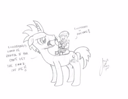 Size: 3300x2550 | Tagged: safe, artist:pixelgrip94, derpibooru exclusive, oc, oc:pixel grip, pony, unicorn, dialogue, emmet brickowski, everything is awesome, lego, lineart, monochrome, simple background, the lego movie, traditional art, white background