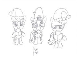 Size: 1017x786 | Tagged: safe, artist:pixelgrip94, apple bloom, scootaloo, sweetie belle, pony, atg 2014, caroling, cutie mark crusaders, winter outfit